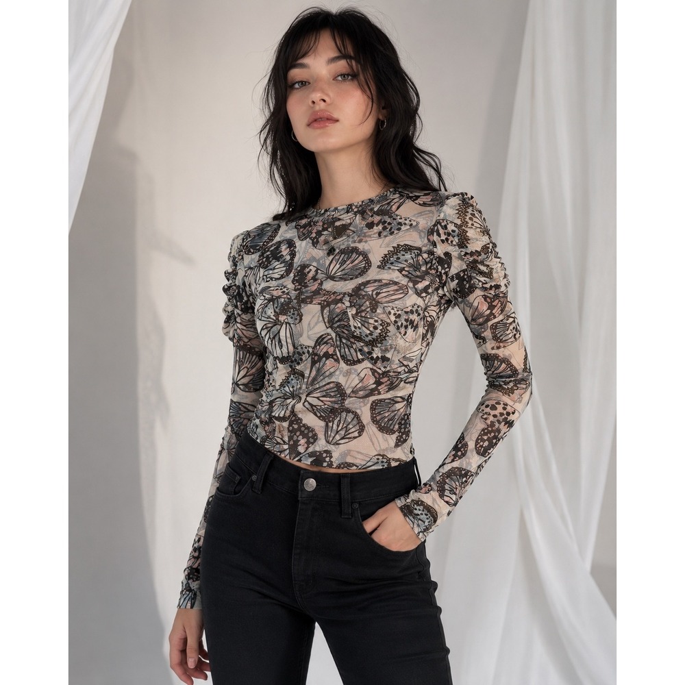 Blueb Butterfly Mesh Top S Ruched Long Sleeve Fairy Grunge Whimsigoth Y2K